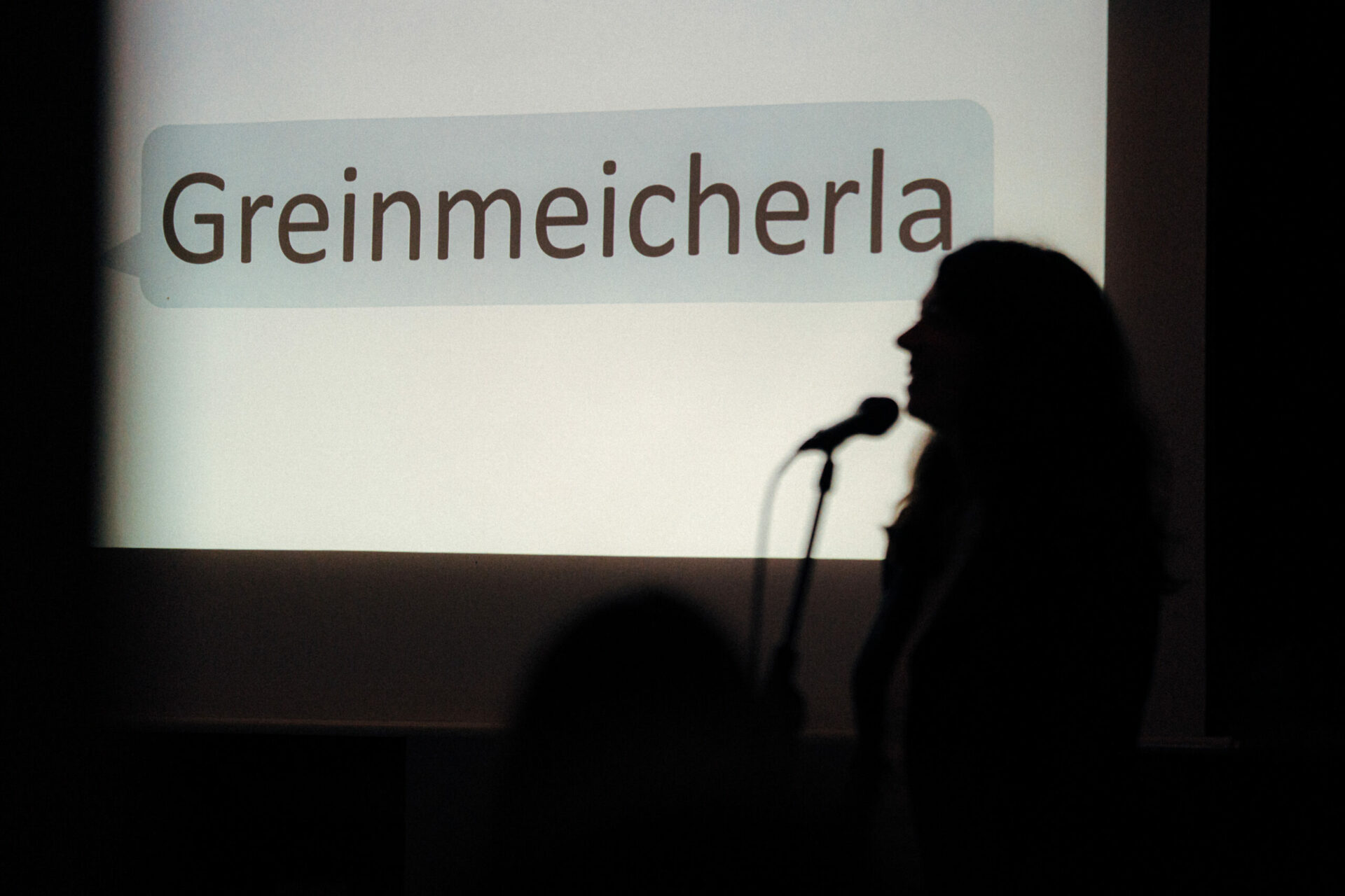Zu sehen ist Katja Schwemmer vor einer Powerpoint-Folie, auf der "Greinmeicherla" steht.