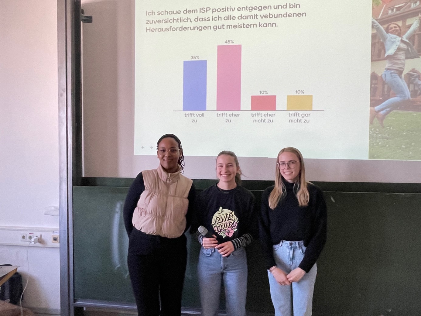 Zu sehen sind drei Studentinnen vor einer Tafel und Präsentation in die Kamera blickend.